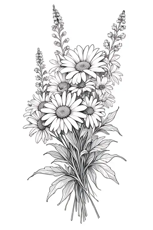 daisy and delphinium flower bouquet wrapped tattoo design idea