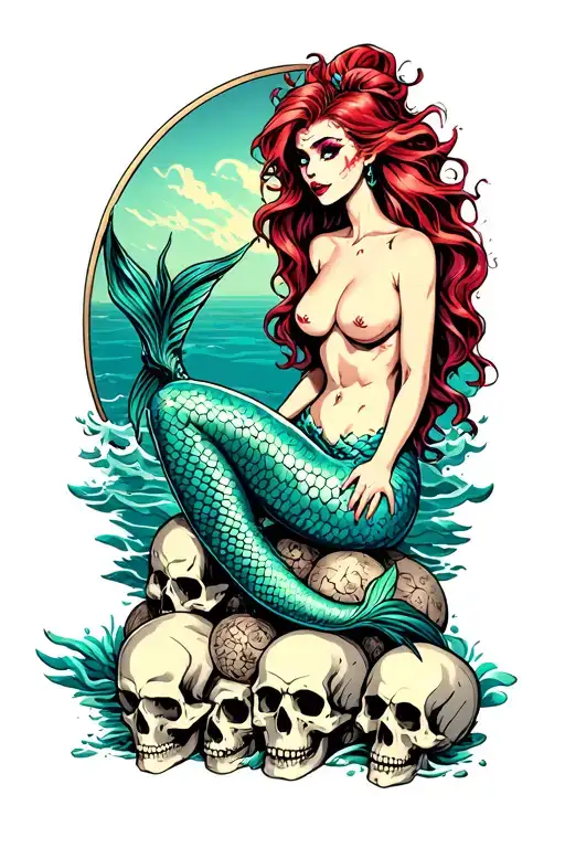 evil mermaid topless sitting on a pile of skulls with ocean background in a pinup girl style tattoo design idea
