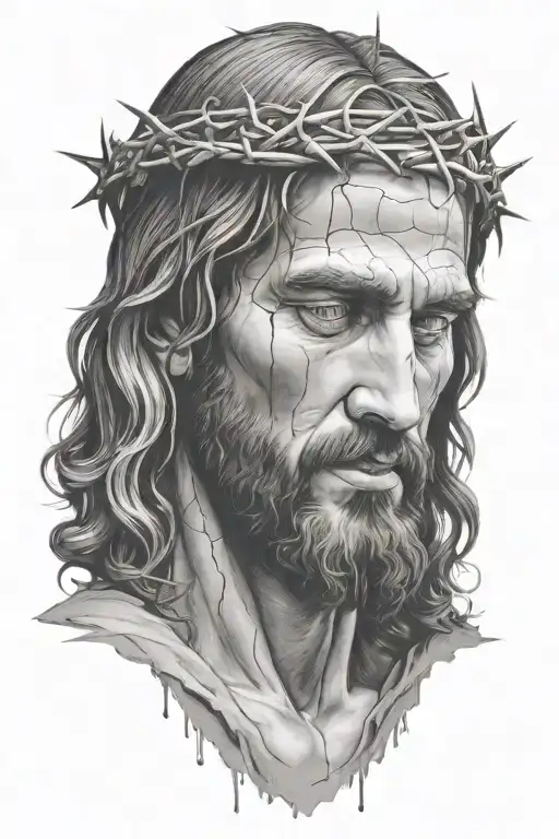 Hyper realistic, portrait of Jesus Christ.  crown of thorns, looking down, loving expression, blood drippin tattoo design idea