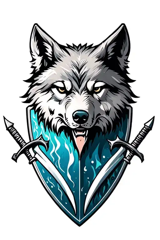 water tribe shield in front of a wolf head with two swords sheathed at the side tattoo design idea