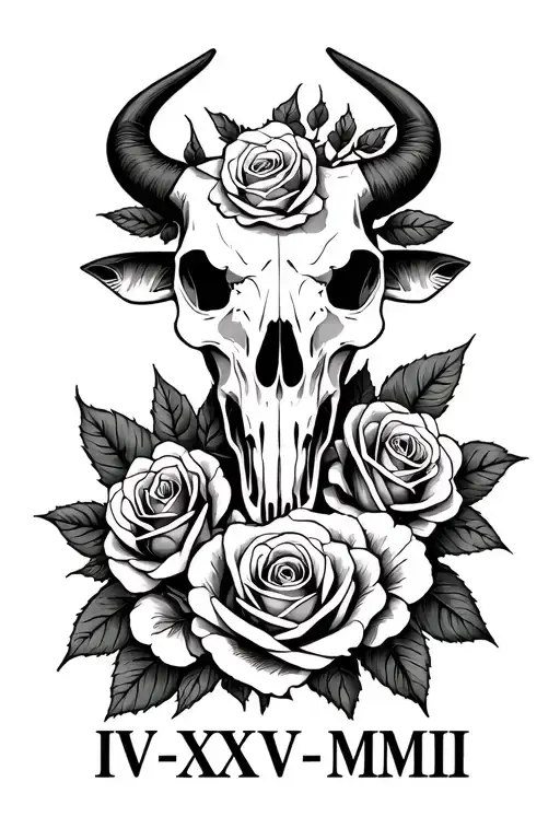 "IV-XXIV-MMII" Bull Skull with roses tattoo design idea