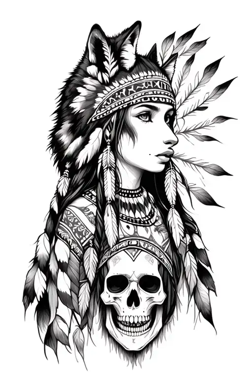 native american girl, wolf and skull  tattoo design idea