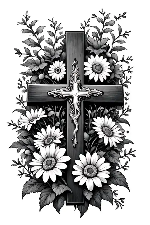 daisys and vines surrounding a cross tattoo design idea