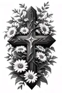 daisys and vines surrounding a cross tattoo design idea