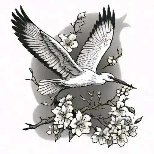 flying egret with cherry blossoms tattoo design idea