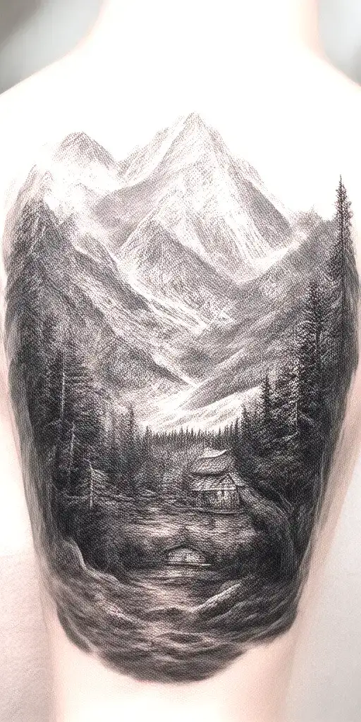 A detailed black and grey tattoo of majestic mountain landscape with a hidden log cabin in the scenery tattoo design idea