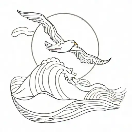 Waves with sun and gull tattoo design idea