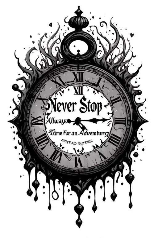 "Never Stop Adventuring " "Always Time For An Adventure" Alice in wonderland clock melting tattoo design idea