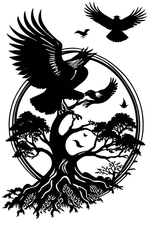 Tree of life along with an eagle flying off and a sparrow and dove sitting on it and a sun behind the tree tattoo design idea