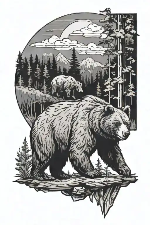 bear with forest scene tattoo design idea