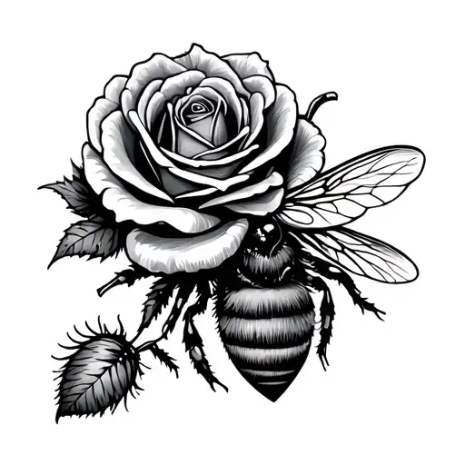 Fine line. Right side a bee. Left in the shape of the beex a rose, thistle tattoo design idea