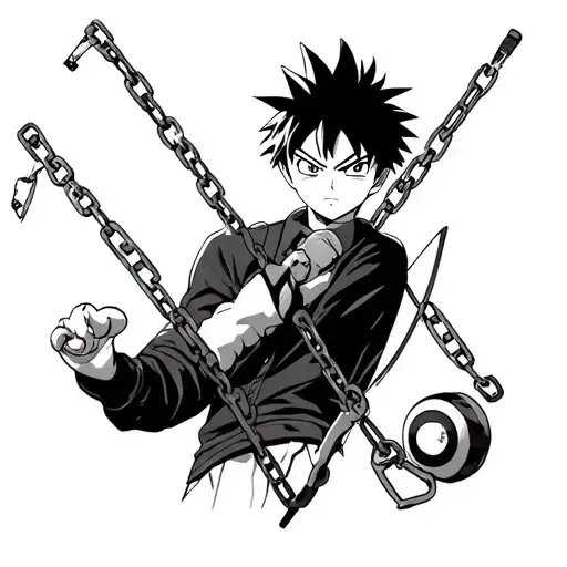 Design a tattoo inspired by Hunter x Hunter, incorporating Kurapika's chains, Gon's fishing rod, and Killua's yo-yo. The tattoo design idea