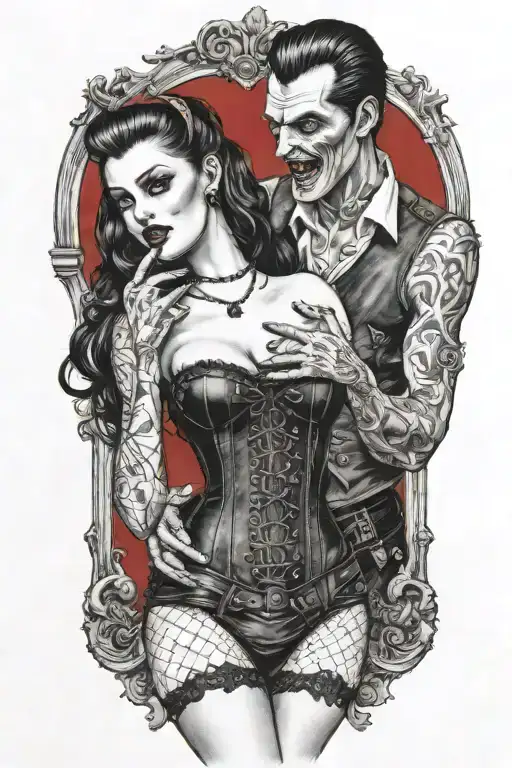 realistic scene of a gothic pinup girl waering corset and fishnets being bitten by a scary male vampire tattoo design idea