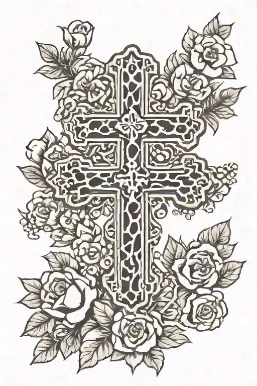 cheetah print background, flowered cross tattoo with saved by Grace tattoo design idea