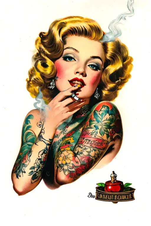 Tattooed Blonde 50's style PIn up girl smoking a joint tattoo design idea