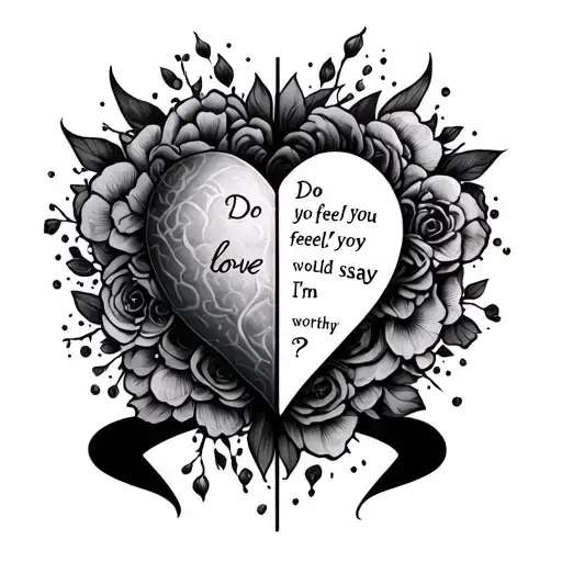 feminine tattoo showing half heart with words do feel love? and half brain with would you say I'm worthy? tattoo design idea