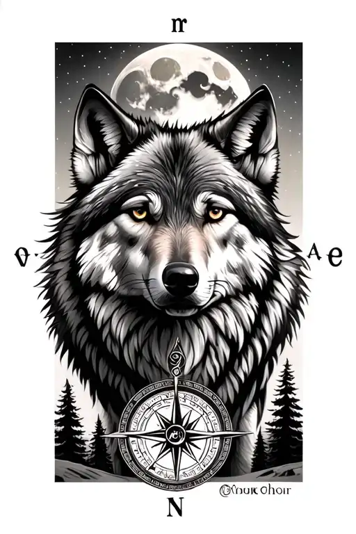 Wolf in front of moon and trees with a nordic compass in black and grey tattoo design idea