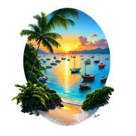 Sunset, Coco Beach & its Bay, Costa Rica, dozens of various size fishing + leisure boats anchored in distance in the Bay tattoo design idea