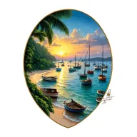 Sunset, Coco Beach & its Bay, Costa Rica, dozens of various size fishing + leisure boats anchored in distance in the Bay tattoo design idea