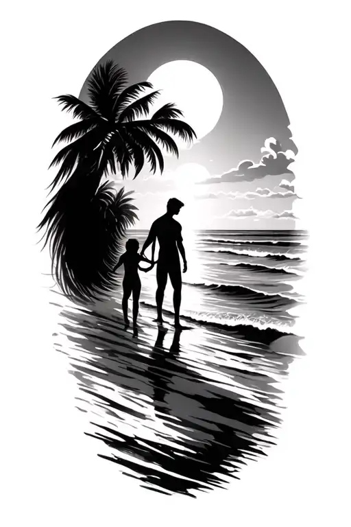 sunset beach scheme black sillhouete.  Father in the middle, daughter with long hair on the left, son right tattoo design idea