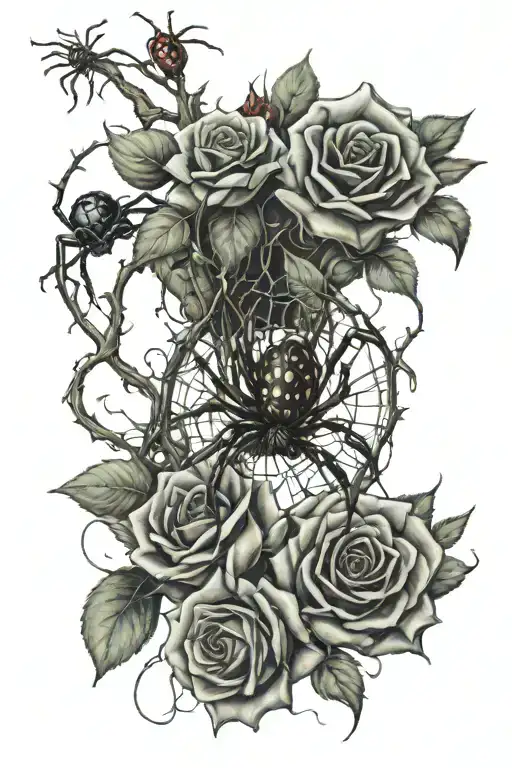 spiders crawling on vines attached to roses tattoo design idea