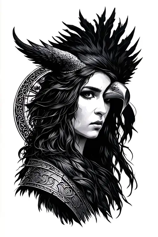 viking warrior moon witch raven nature tattoo design idea