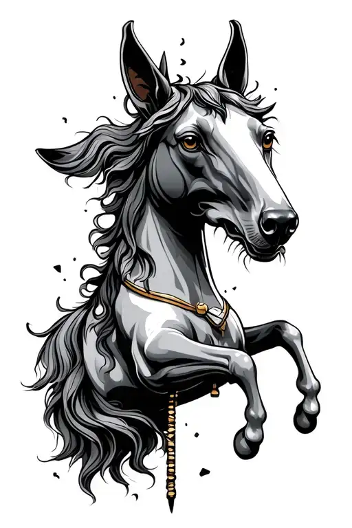 folklaw kelpie head and half body shaped breaking off a carousel  tattoo design idea