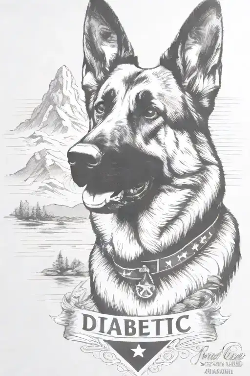 German shepherd portrait saying "diabetic" mountain scene American flag waving tattoo design idea