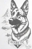 German shepherd portrait saying "diabetic" mountain scene American flag waving tattoo design idea