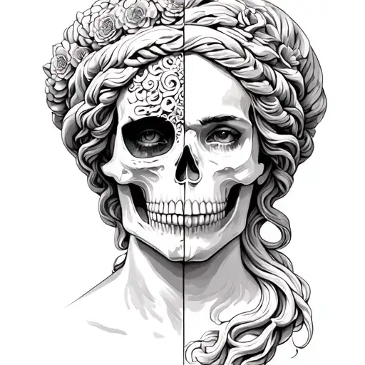 Greek goddess with half skull face tattoo design idea