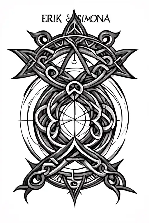 Tattoo design combining the names ERIK and SIMONA using ancient symbols, Nordic runes, Celtic patterns, sacred geometry. tattoo design idea