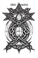Tattoo design combining the names ERIK and SIMONA using ancient symbols, Nordic runes, Celtic patterns, sacred geometry. tattoo design idea