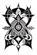 Tattoo design combining the names ERIK and SIMONA using ancient symbols, Nordic runes, Celtic patterns, sacred geometry. tattoo design idea