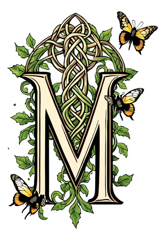 Celtic styled capitol M with small . vines, leaves intertwined and bees and butterflies flying around tattoo design idea