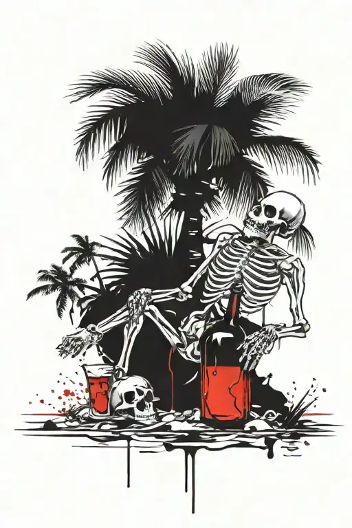 sea with beach and skeleton drinking rum sitting next to the palm tree tattoo design idea