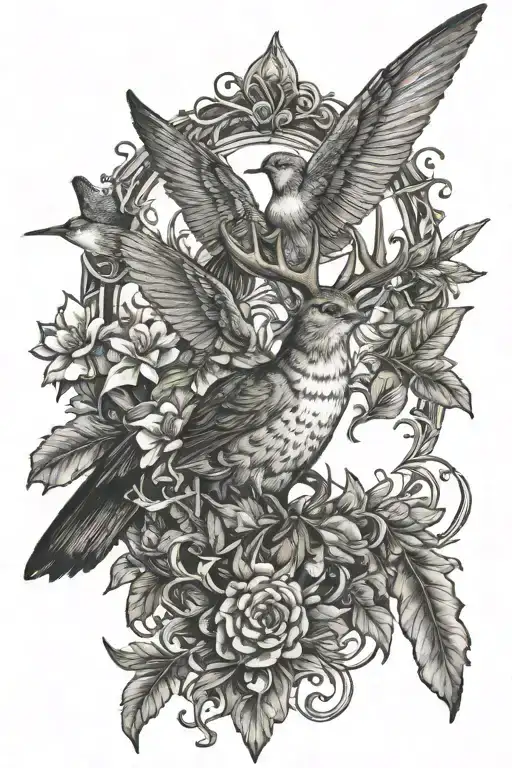 Buck with humming bird sitting on antlers forming tattoo design idea