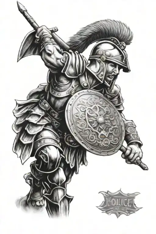 Police Roman warrior holding shield protecting crowd  tattoo design idea