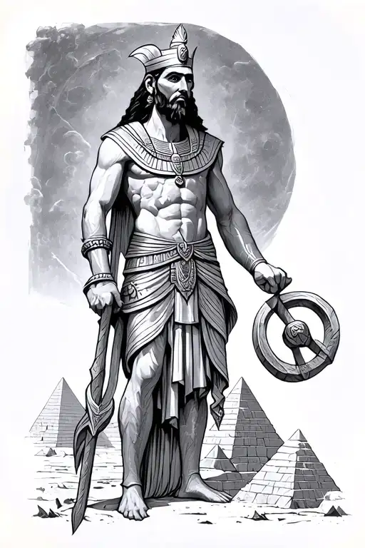 osiris holding flail and crook in the underworld by pyramids  tattoo design idea