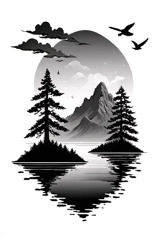 smaller design with water underneath, some trees, maybe a mountain and a few birds above  tattoo design idea