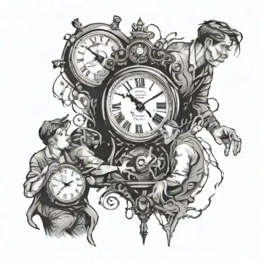 A man goes to a broken clock and the family members watch him tattoo design idea