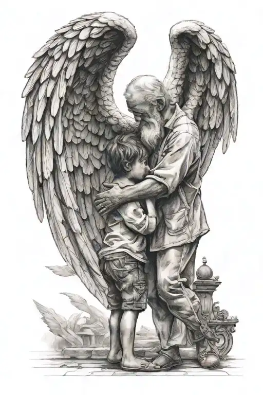 A child with angel wings hugging&nbsp;a heart, with a father waiting for the child at the gates of Jannah, generate&nbsp;this as a tattoo design idea