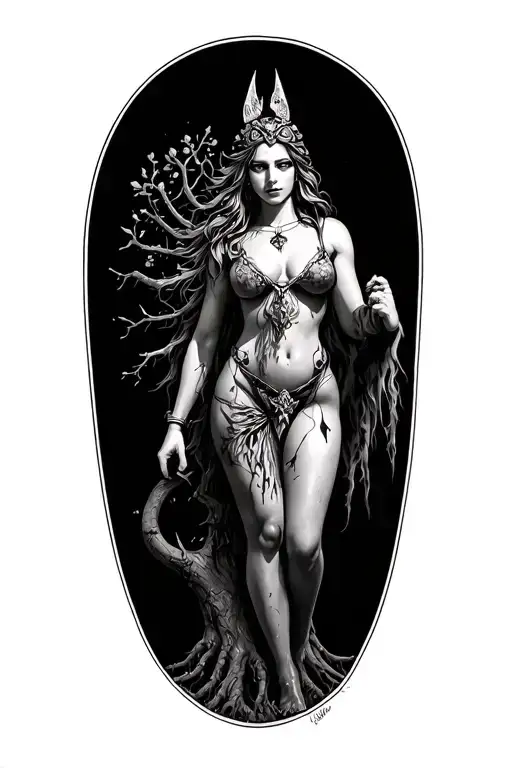 sexy freya norse goddes connecting on tree growing tattoo design idea