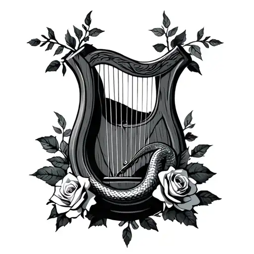 wooden lyre with roses and snake wrapped around tattoo design idea