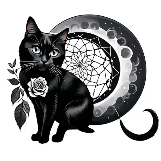 Gemini, cresent moon, black cat, rose and dream catcher tail tattoo design idea
