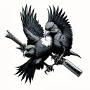 two birds fighting in neo traditional while holding weapons tattoo design idea