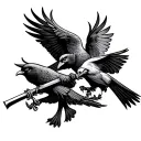 two birds fighting in neo traditional while holding weapons tattoo design idea
