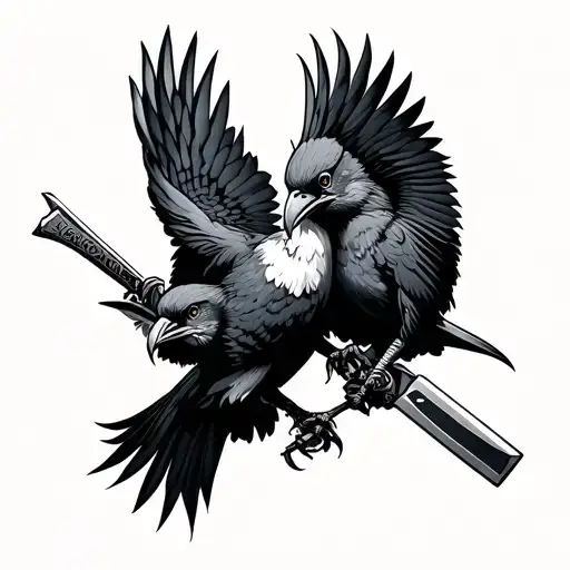 two birds fighting in neo traditional while holding weapons tattoo design idea