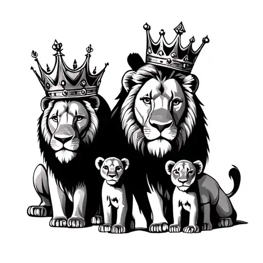male and female lion wearing crowns with 3 cubs in front of them  tattoo design idea