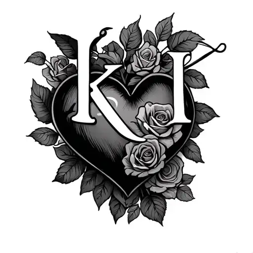 "K" heart with roses  tattoo design idea