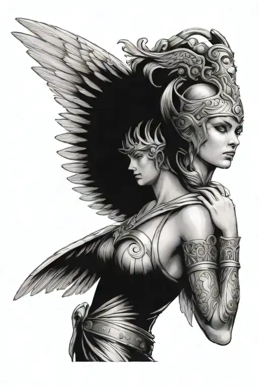Athena with wings. One wing broken. Looks like she had a fight. Looks directly at you with strong eyes.  tattoo design idea